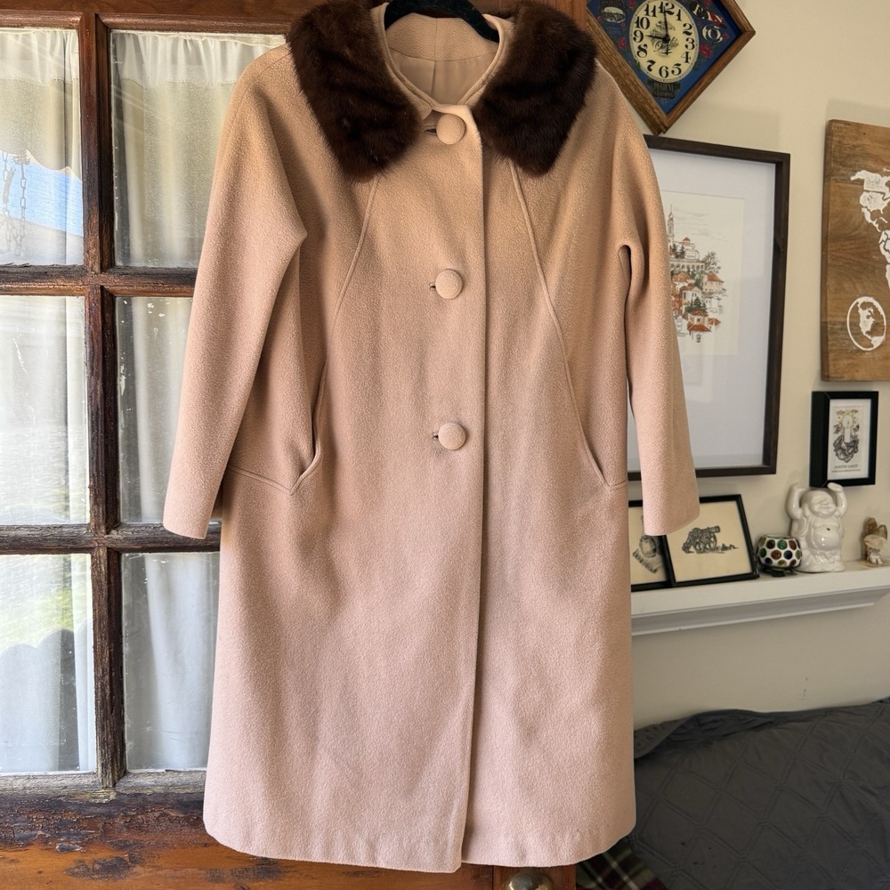 1960s Cashmere Long Coat With Mink Fur Size S/M